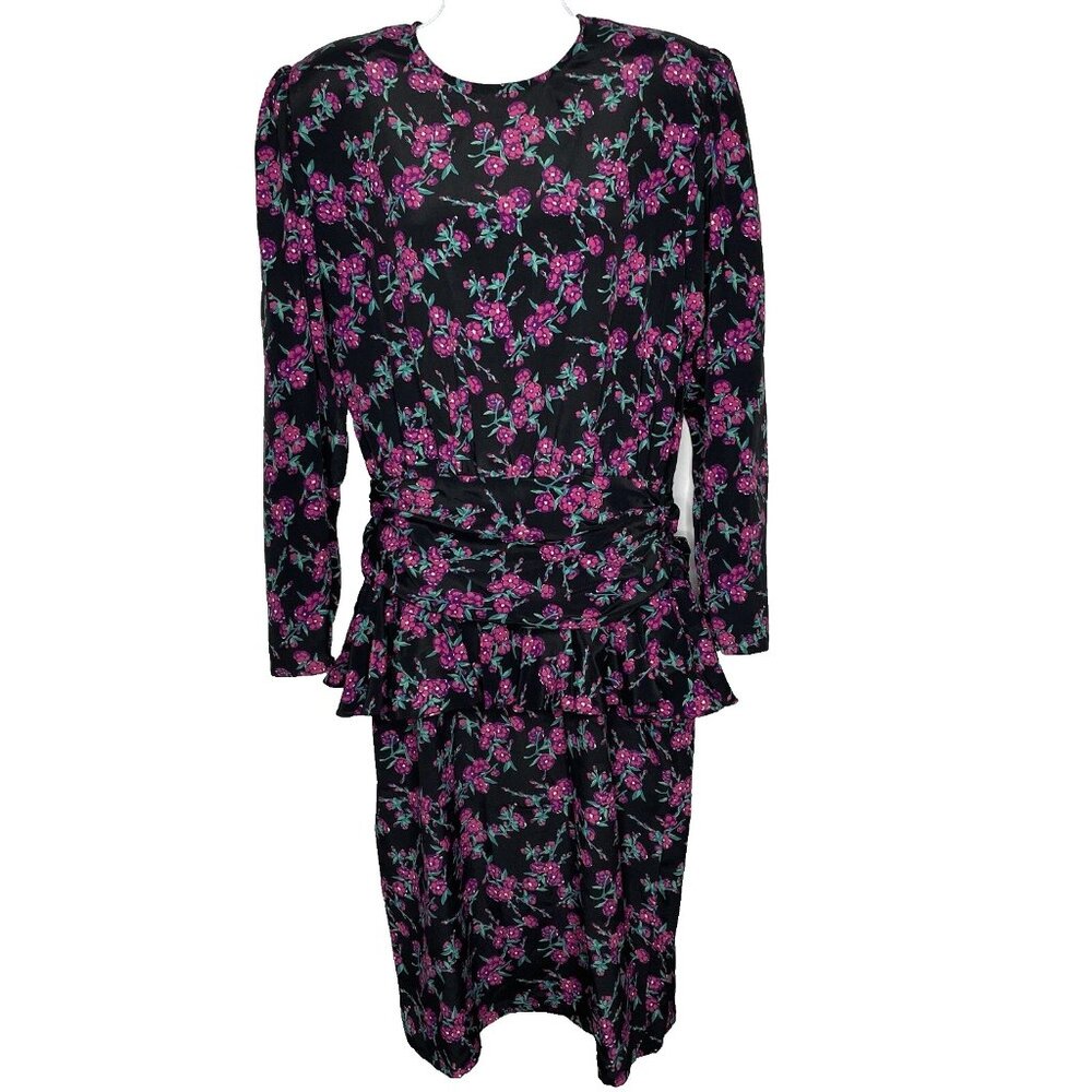 Vintage 80s Axiom Peplum Pencil Dress Size 14 Black Pink Floral Secretary